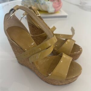 Jimmy Choo Beige Patent Wedge Sandals